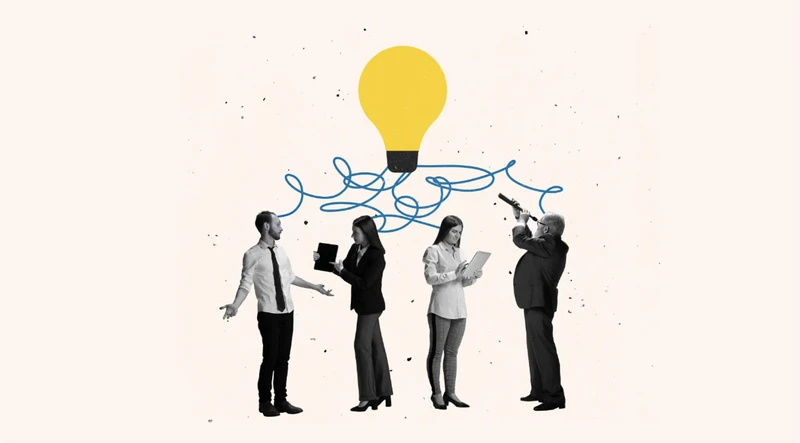 Team collaborating with creative ideas represented by a bright lightbulb and connecting lines