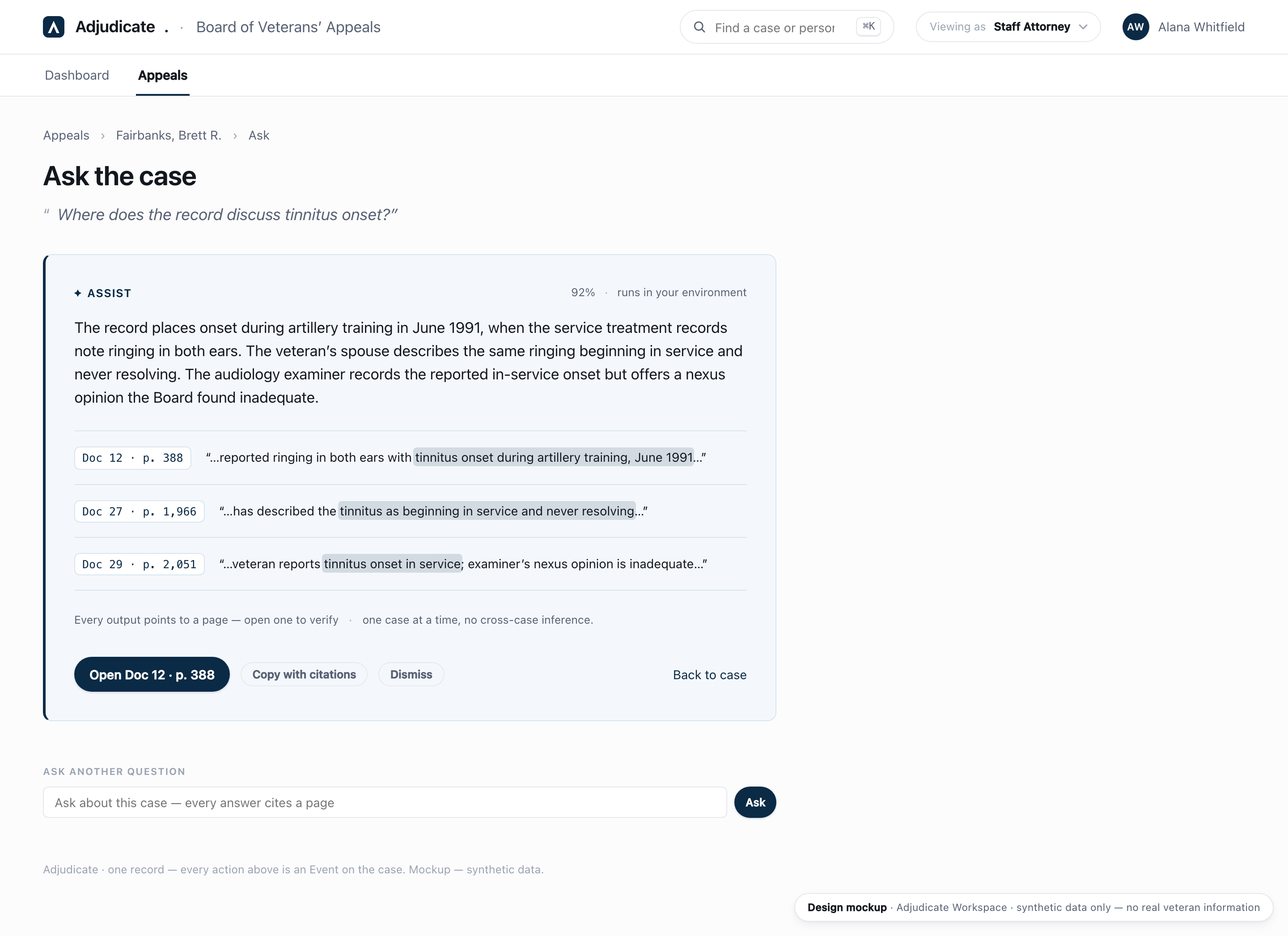 Adjudicate AI — ask the record in plain language; answers come back grounded, each cited to the exact page