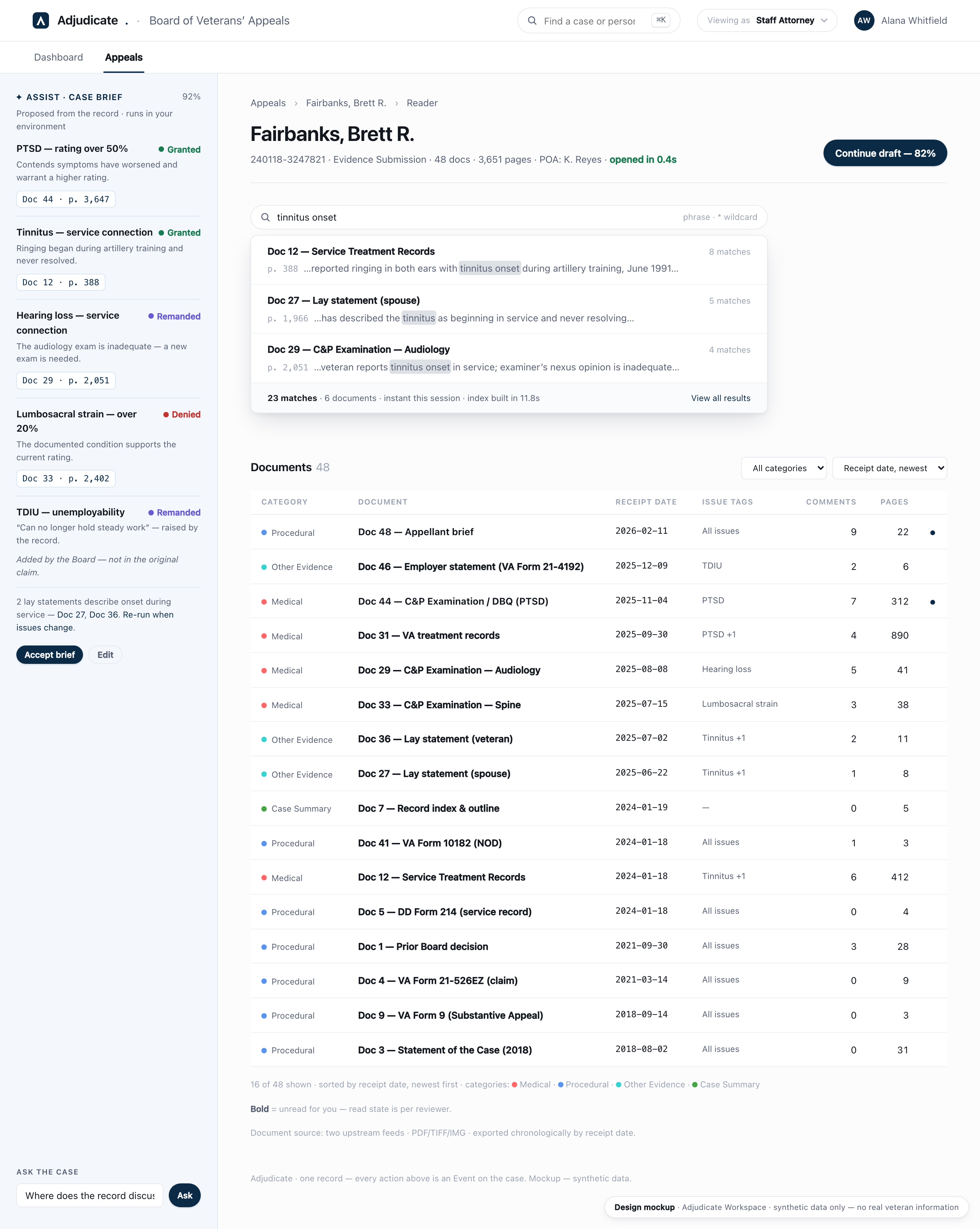 The Adjudicate Reader — a synthetic claims folder, every document listed with its category, receipt date, page range, and issue tags