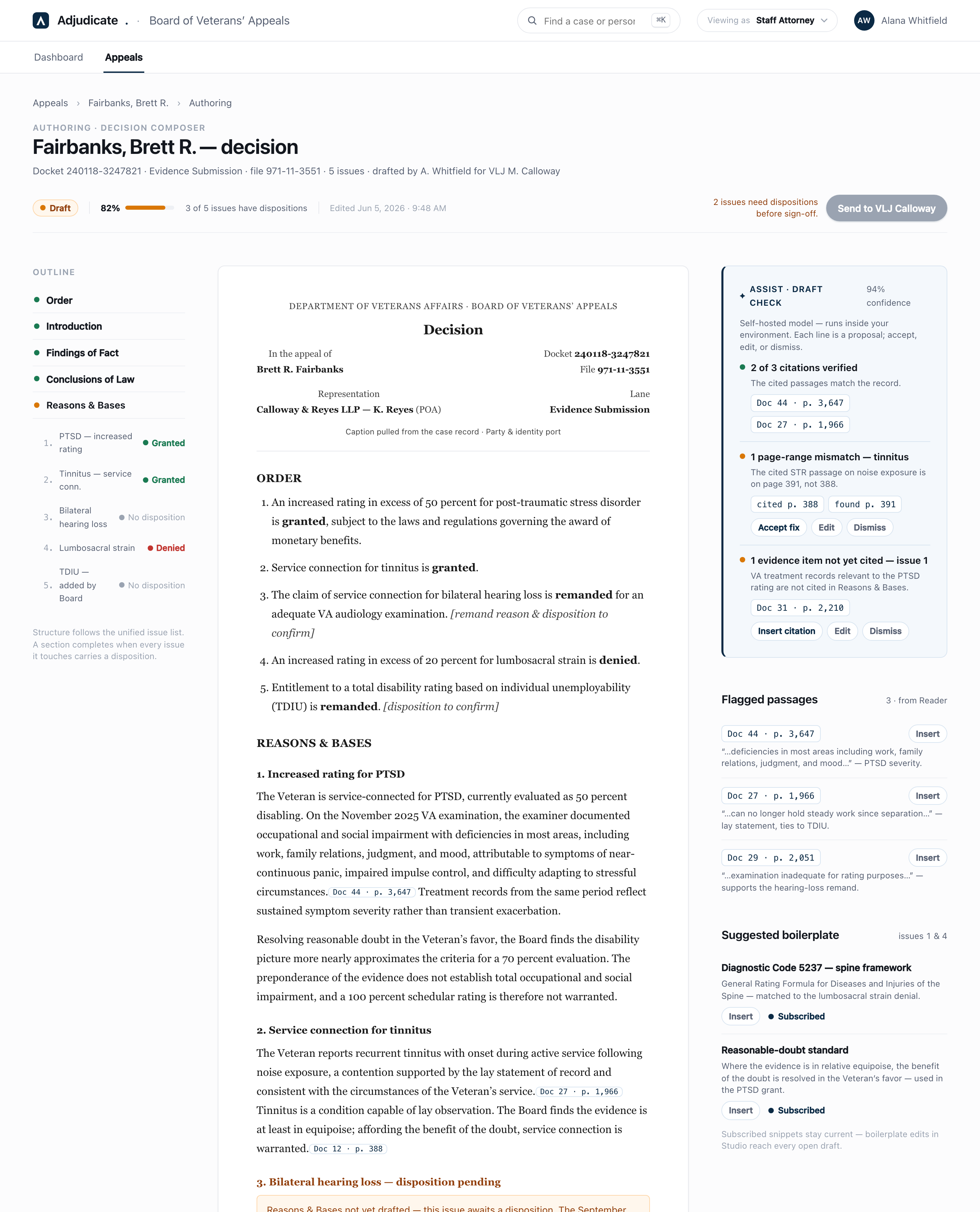 Adjudicate decision composer — draft-check verifies every citation against the record