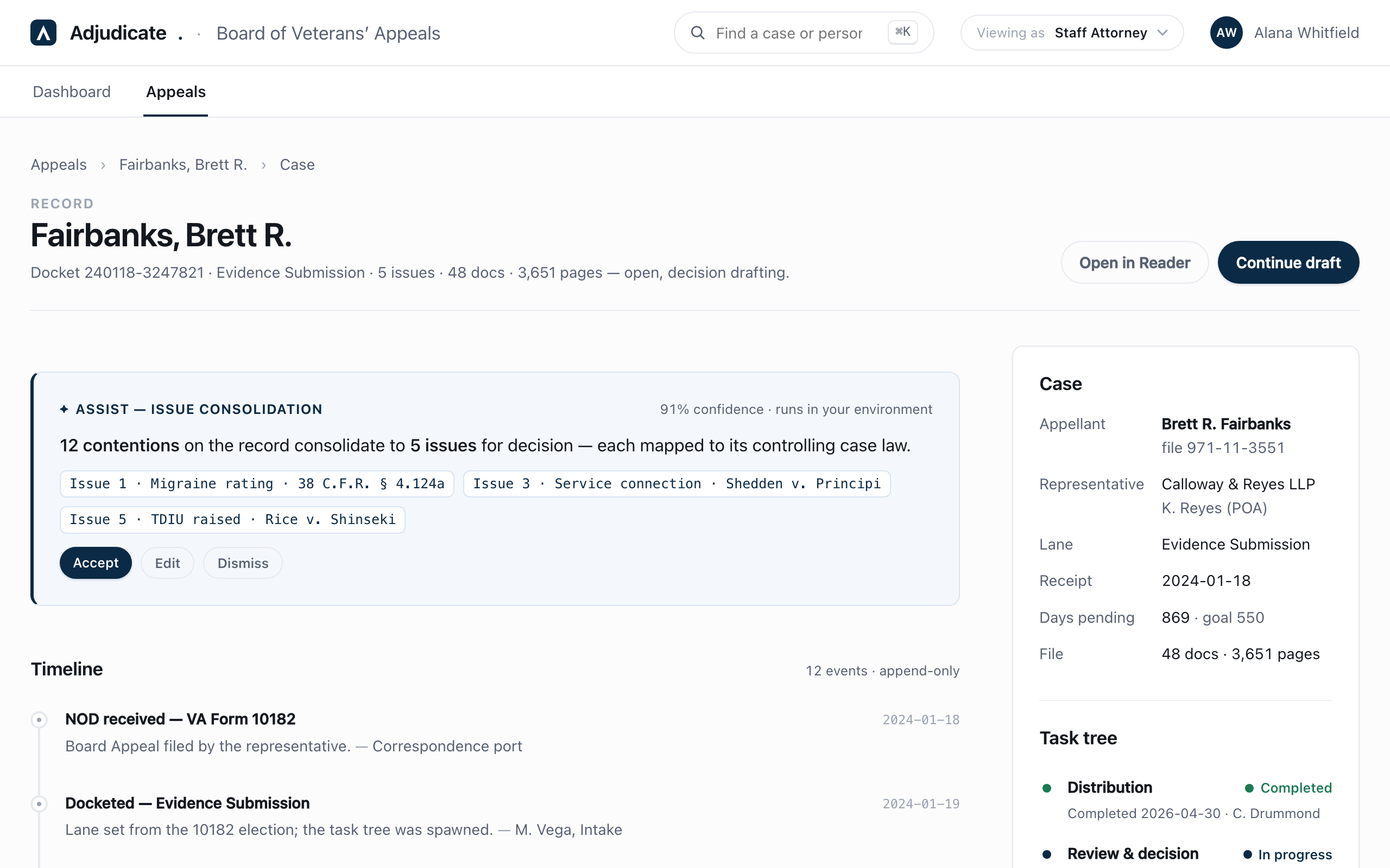 Adjudicate case record — the AI consolidates 12 contentions into 5 issues, each mapped to its controlling case law