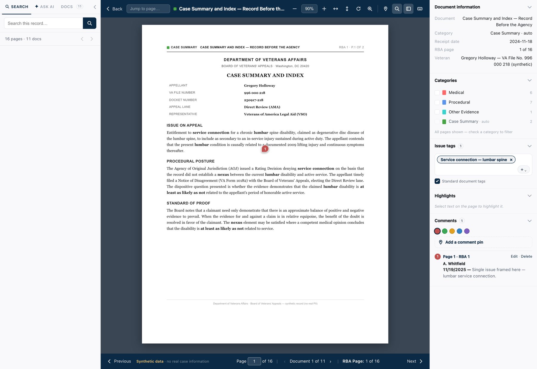 The Adjudicate Reader on a synthetic case: a full record opened as one searchable document, with categories, issue tags, and comment pins beside the page.
