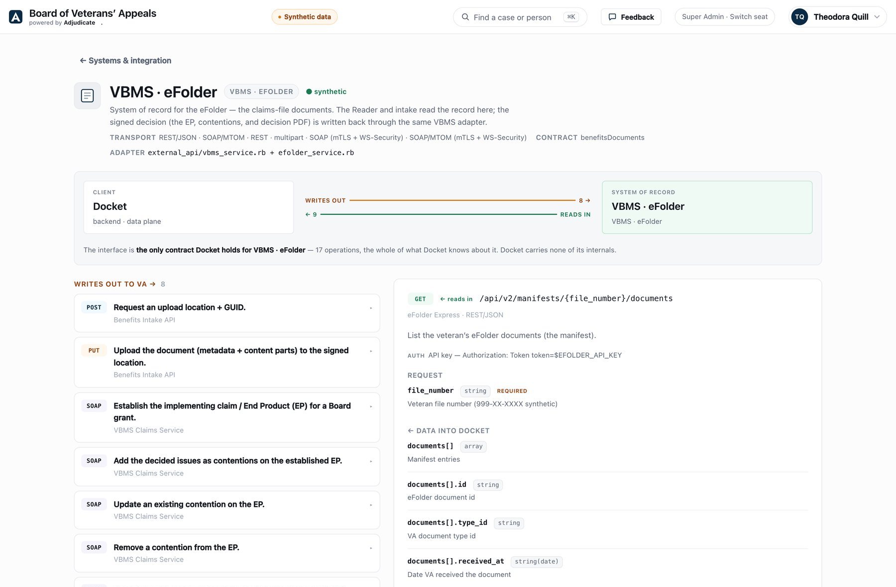 Adjudicate's systems-integration console on the synthetic VA: live diagnostics against a simulated government document repository.