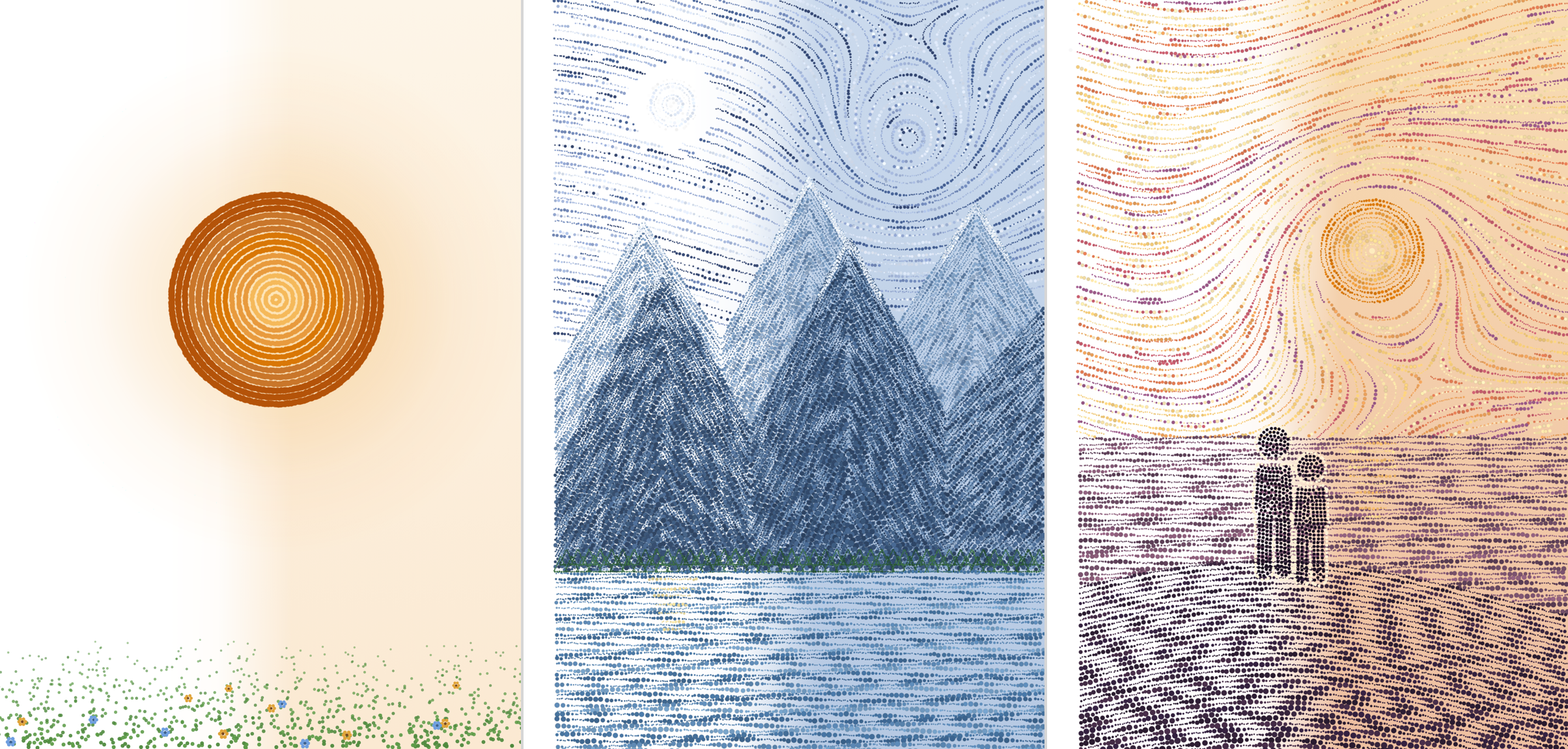 Dot illustrations of the sun, mountains, and sunset